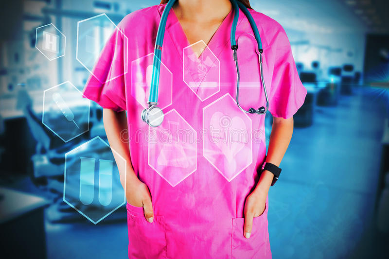 Composite image mid section nurse stethoscope against medical icons hexagons interface menu 93950430